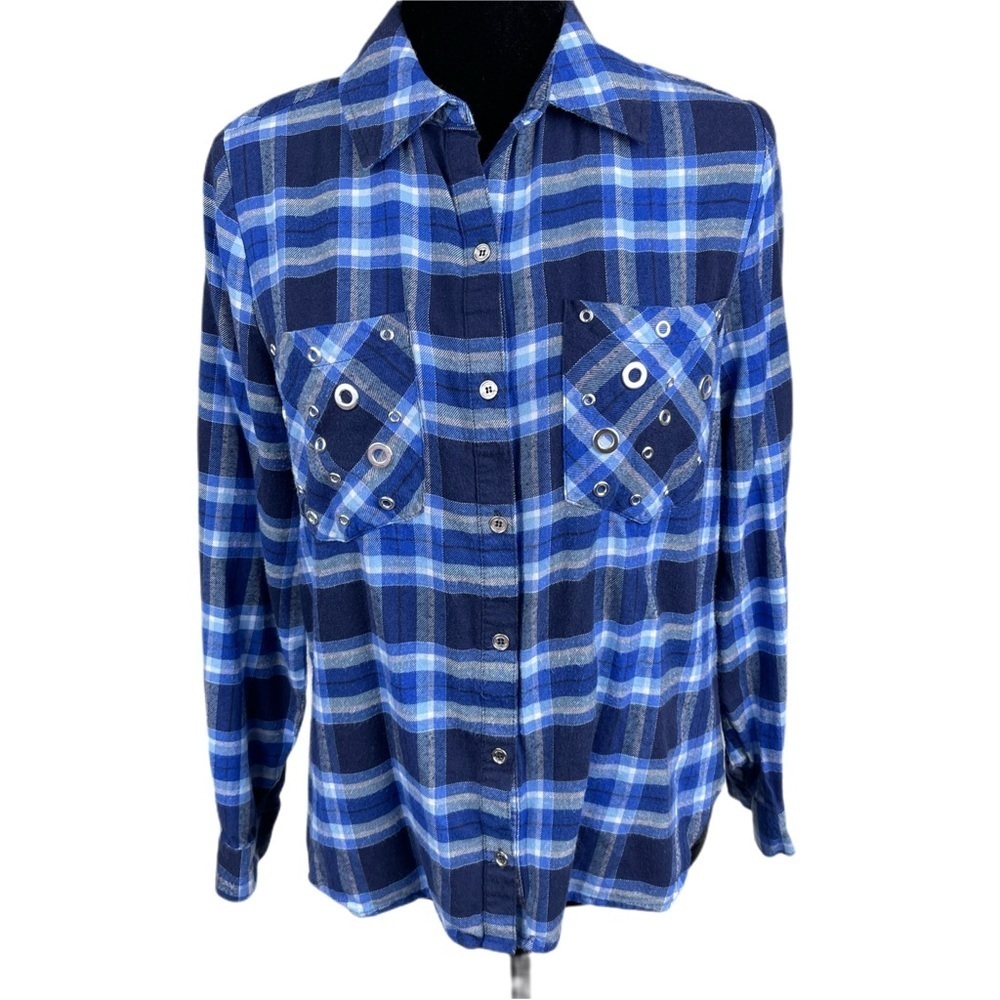 ✅ Michael Kors women blue plaid button down long sleeve shirt size S